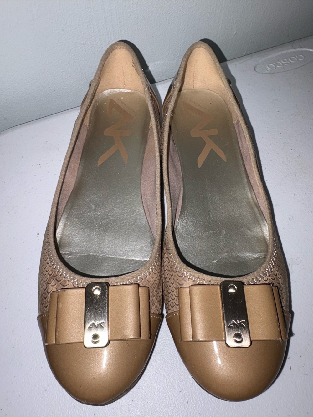 Anne Klein sport Snakeskin Metallic Tan Bow-Accent Ballet Flats